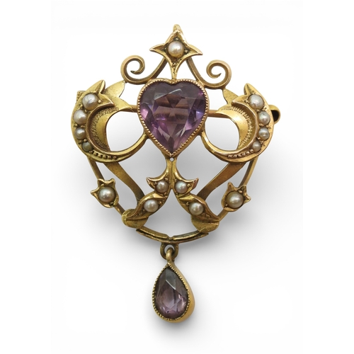 2705 - TWO VINTAGE 9CT BROOCHESthe first example set with a heart shaped amethyst&nbsp; and pearls, dimensi... 