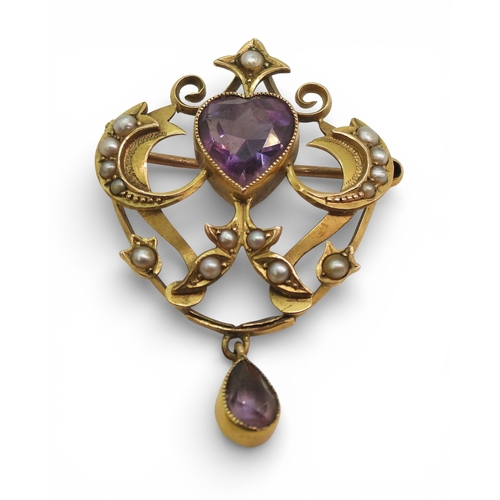 2705 - TWO VINTAGE 9CT BROOCHESthe first example set with a heart shaped amethyst&nbsp; and pearls, dimensi... 
