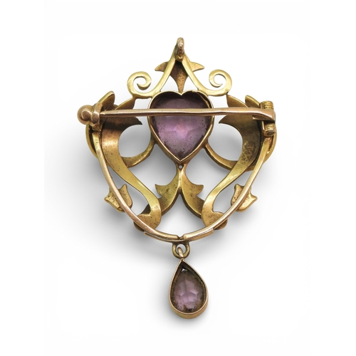 2705 - TWO VINTAGE 9CT BROOCHESthe first example set with a heart shaped amethyst&nbsp; and pearls, dimensi... 