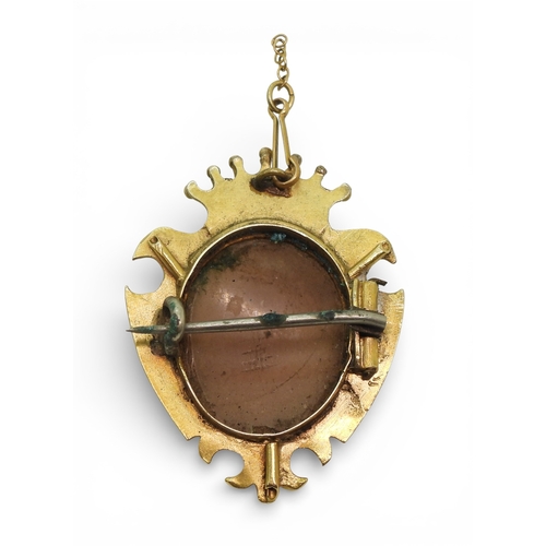 2706 - THREE VINTAGE BROOCHESa yellow metal bar brooch set with a blue glass gem, faintly stamped with a ha... 