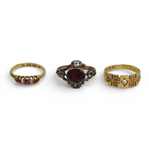 2708 - THREE ANTIQUE RINGSan 18ct gold diamond and pearl ring, hallmarked Birmingham 1885, size approx O1/2... 