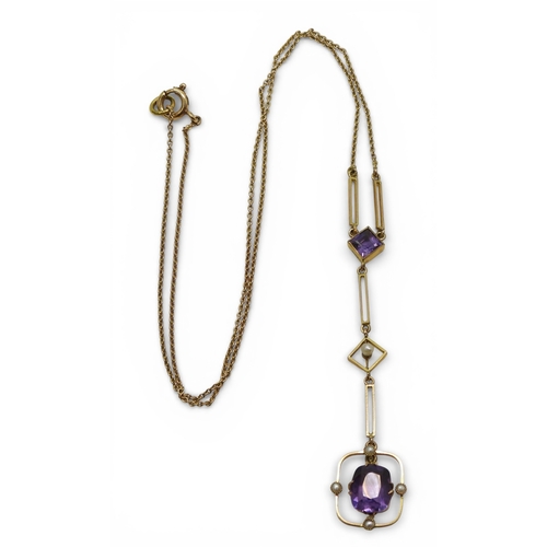 2709 - A VINTAGE NECKLACEmade in 9ct gold and set with amethyst and seed pearls. Length of the pendant drop... 