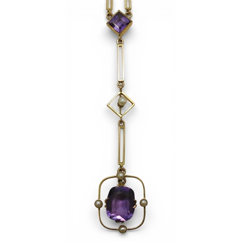 2709 - A VINTAGE NECKLACEmade in 9ct gold and set with amethyst and seed pearls. Length of the pendant drop... 