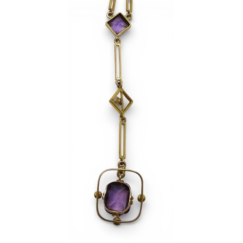 2709 - A VINTAGE NECKLACEmade in 9ct gold and set with amethyst and seed pearls. Length of the pendant drop... 