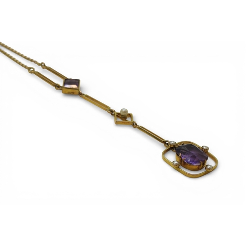 2709 - A VINTAGE NECKLACEmade in 9ct gold and set with amethyst and seed pearls. Length of the pendant drop... 