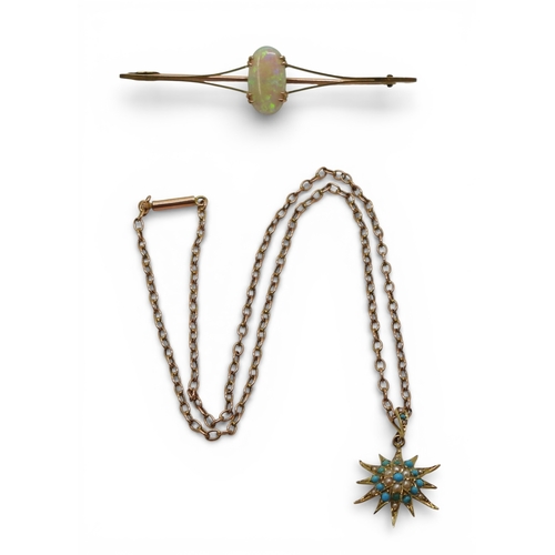 2710 - TWO VINTAGE JEWELSa 15ct gold turquoise and pearl set star pendant, on a 40cm 9ct chain, weight 3.3g... 