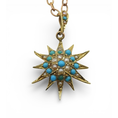 2710 - TWO VINTAGE JEWELSa 15ct gold turquoise and pearl set star pendant, on a 40cm 9ct chain, weight 3.3g... 