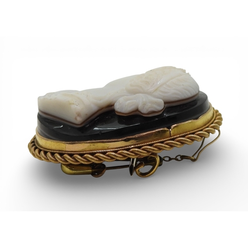 2719 - AN AGATE CAMEOfinely carved in brown,black and white banded agate, in a 15ct gold brooch mount, dime... 
