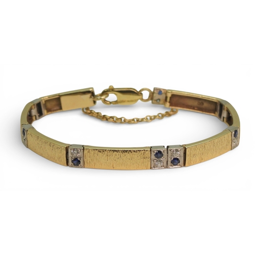 2746 - A 9CT GOLD SAPPHIRE & DIAMOND BRACELETmade by Alan Hodgkinson in Edinburgh, 1990, with bark text... 