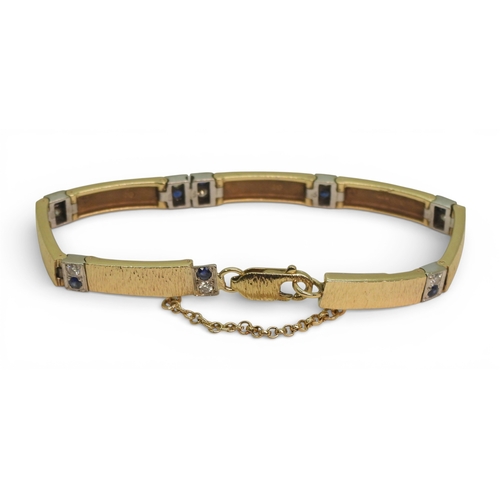 2746 - A 9CT GOLD SAPPHIRE & DIAMOND BRACELETmade by Alan Hodgkinson in Edinburgh, 1990, with bark text... 