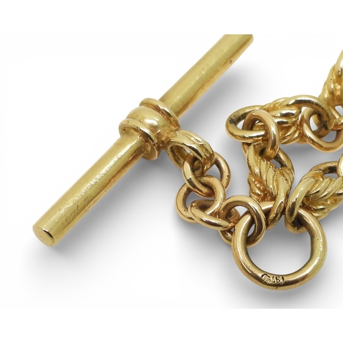 2757 - A DOUBLE FOB CHAINstamped 9ct with knot and plain links, with 'T'bar and two lobster claw clasps. Le... 