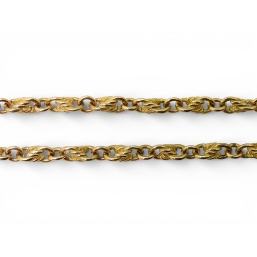 2757 - A DOUBLE FOB CHAINstamped 9ct with knot and plain links, with 'T'bar and two lobster claw clasps. Le... 