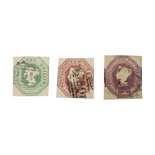 7043 - Great Britain 1847-54 Embossed Set of 6d, 10d and 1/- all fine square cut copies Cat £2700