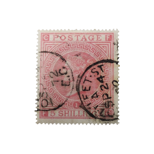 7044 - Great Britain 1867 SG 126 5/- Rose Plate 1 with 102 FLEET street CDS cancel Cat £500
