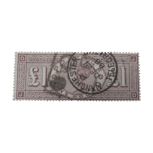 7048 - Great Britain 1888 £1 Brown Lilac SG186 Fine Used with Tree Orbs Watermark Cat £3500