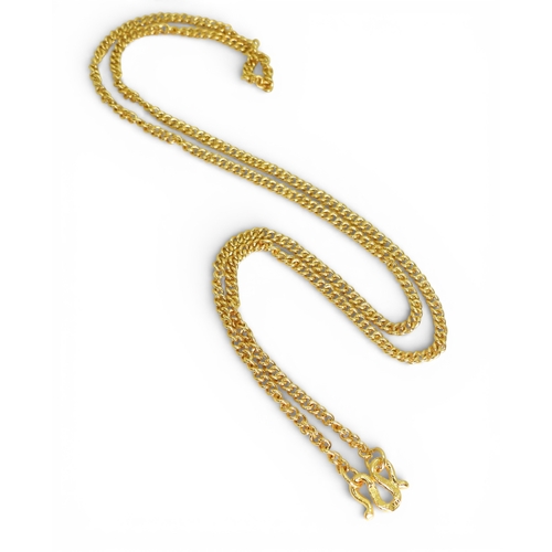 702 - A bright yellow metal curb chain, with Chinese symbols to the clasp, length 46cm, weight 11.3gms