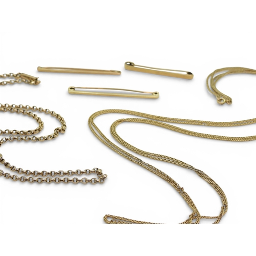 716 - A collection of 9ct gold metal to include three bar brooch, and two chains, double curb chain length... 