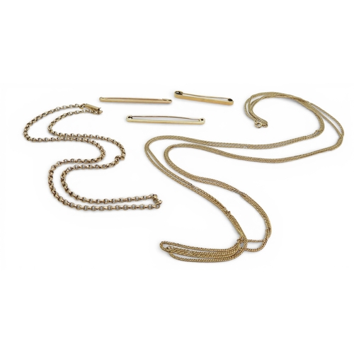716 - A collection of 9ct gold metal to include three bar brooch, and two chains, double curb chain length... 