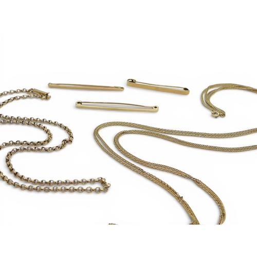 716 - A collection of 9ct gold metal to include three bar brooch, and two chains, double curb chain length... 