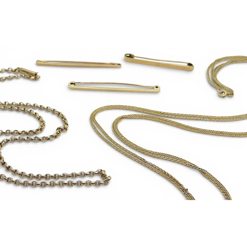 716 - A collection of 9ct gold metal to include three bar brooch, and two chains, double curb chain length... 