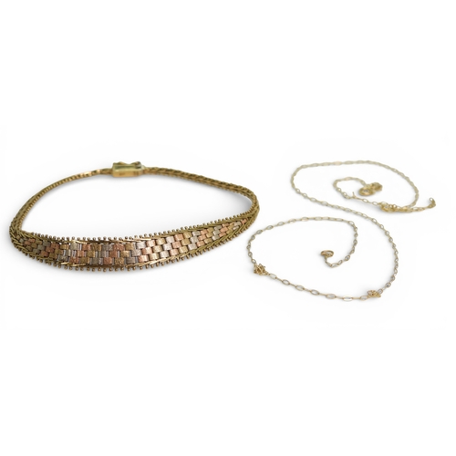 718 - A 9ct three colour gold bracelet, length 18.5cm, together with a 37cm approx fine chain, weight toge... 