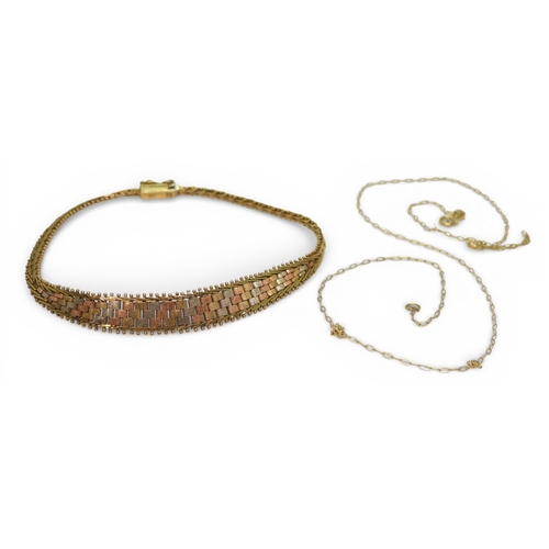 718 - A 9ct three colour gold bracelet, length 18.5cm, together with a 37cm approx fine chain, weight toge... 