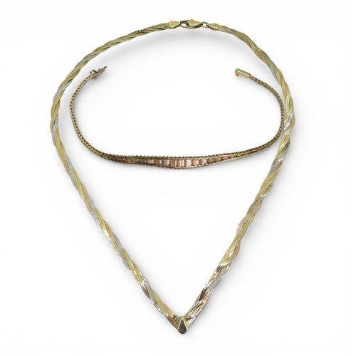 787 - A 9ct gold tri colour gold bracelet, length 18cm, and a 9ct tricolour gold 'V' shaped ribbon necklac... 