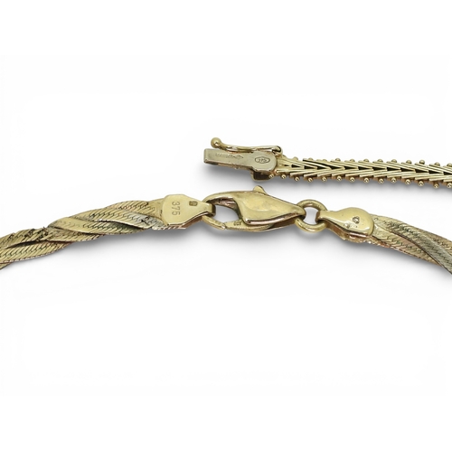 787 - A 9ct gold tri colour gold bracelet, length 18cm, and a 9ct tricolour gold 'V' shaped ribbon necklac... 