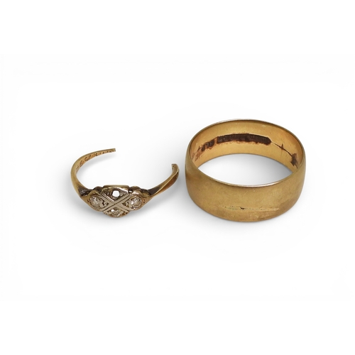 788 - A 9ct gold wide wedding ring, size S1/2, together with a broken diamond ring, weight combined 4.8gms