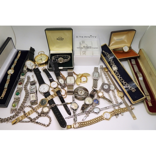 882 - A collection of watches to include Buler, Seiko, Ingersoll, Bentima, Bulova, a compass set into a ha... 