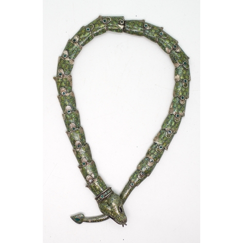 886 - A Mexican silver and enamel snake necklace, length approx 39cm, box clasp to the back of the neck.