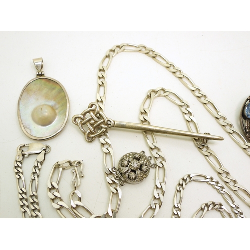 892 - A Bernard Instone style brooch, a Thomas Ebbutt, silver brooch, silver chains and other items