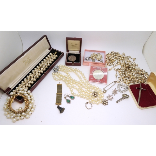 893 - A pair of yellow and white metal faux emerald earrings, faux pearls, two good jewellery boxes from A... 