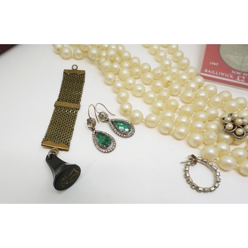 893 - A pair of yellow and white metal faux emerald earrings, faux pearls, two good jewellery boxes from A... 