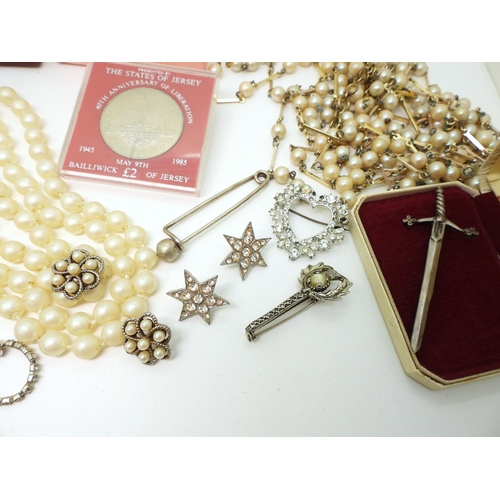 893 - A pair of yellow and white metal faux emerald earrings, faux pearls, two good jewellery boxes from A... 