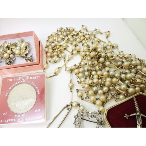 893 - A pair of yellow and white metal faux emerald earrings, faux pearls, two good jewellery boxes from A... 