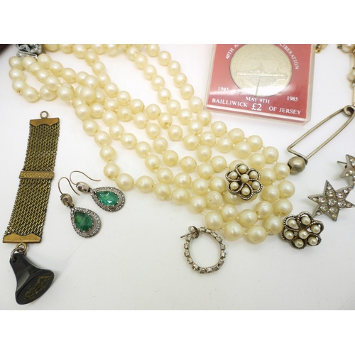 893 - A pair of yellow and white metal faux emerald earrings, faux pearls, two good jewellery boxes from A... 