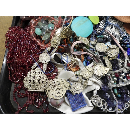 894 - An EPNS nurses belt, statement necklaces and beads and other items