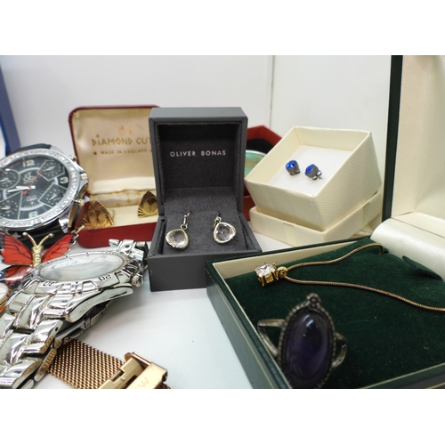 897 - A pair of retro cufflinks, Oliver Bonas earrings, fashion watches, to include a gold plated Fox &amp... 