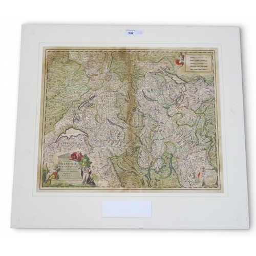 532 - A coloured map of Helvetiae (Switzerland) after Nicolaes&nbsp;Visscher, measuring approx. 57cm x 46.... 