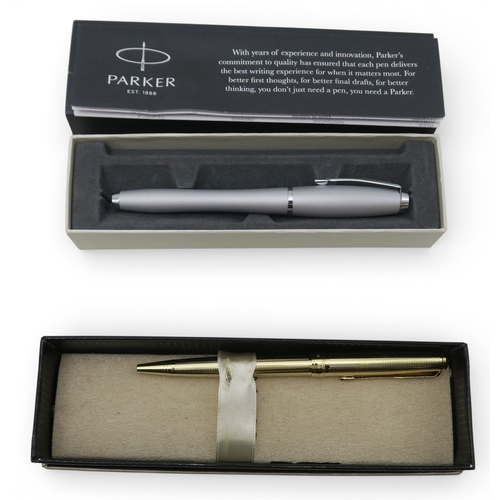 534 - A boxed Parker Sonnet ballpoint pen; a further boxed Parker rollerball; a small quantity of pre-deci... 
