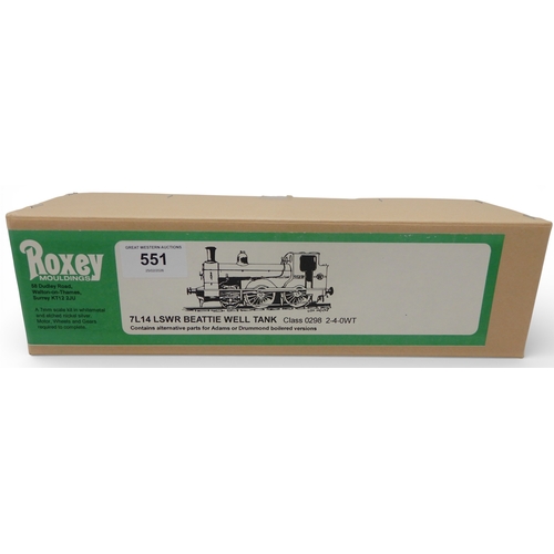 551 - Roxey Mouldings 7L14 LSWR Beattie Well Tank locomotive class 0298 2-4-0WT, unbuilt, boxed, not check... 