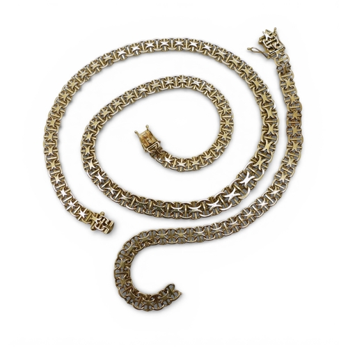 A 14k gold fancy chain collar necklace with matching (af) bracelet, necklace length 43.5cm, weight all together 29.2gms