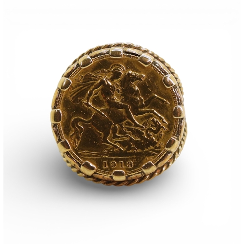 A 1913 gold half sovereign in a 9ct ring mount, size Q1/2, weight 12.2gms