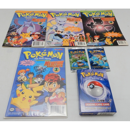 A lot comprising Pokemon the first movie animation comics issues 1-4 with the 1st issue still sealed and signed "Veronica ASH Taylor", "Eric BROCK Stuart" and "Rachael MISTY", Pokemon Trading card games 2-player starter set with game tokens, instruction booklets, sealed holographic "Machamp" and sixty loose cards, sealed 1999 Venusaur base set booster pack and opened 1999 Blastoise base set booster pack with 11 loose cards