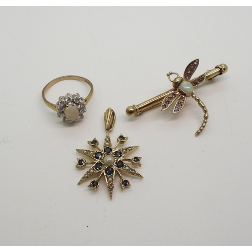 703 - A 9ct gold sapphire and pearl star pendant, diameter 2.5cm, together with a 9ct gold opal and amethy...