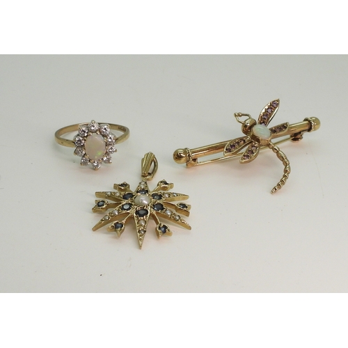 703 - A 9ct gold sapphire and pearl star pendant, diameter 2.5cm, together with a 9ct gold opal and amethy...