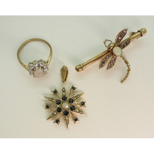 703 - A 9ct gold sapphire and pearl star pendant, diameter 2.5cm, together with a 9ct gold opal and amethy...