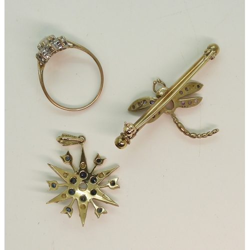 703 - A 9ct gold sapphire and pearl star pendant, diameter 2.5cm, together with a 9ct gold opal and amethy...