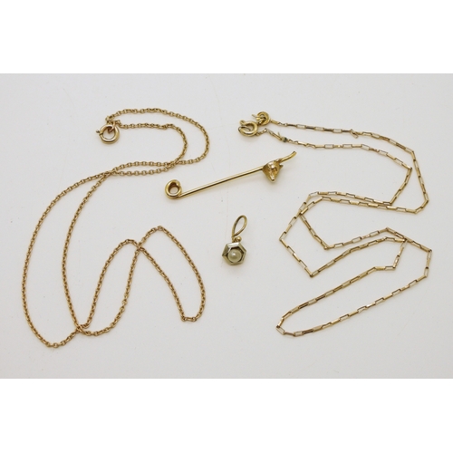 715 - Two 9ct gold chains, lengths 41cm, 42cm, a yellow metal partial fox pin and single earring made into...